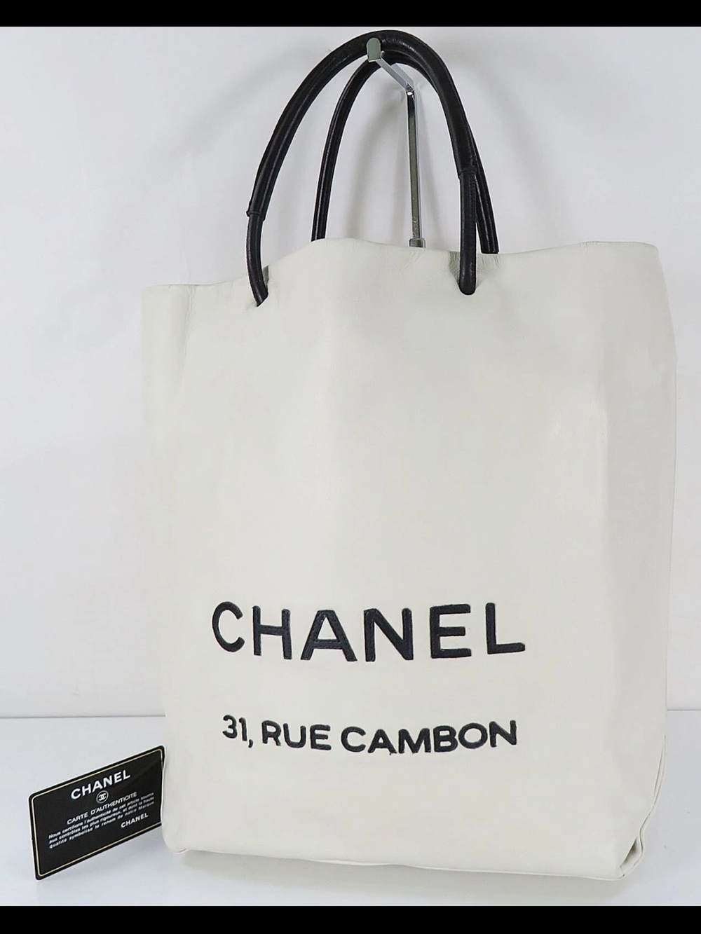 CHANEL White Canvas Tote with Black Handles and Logo